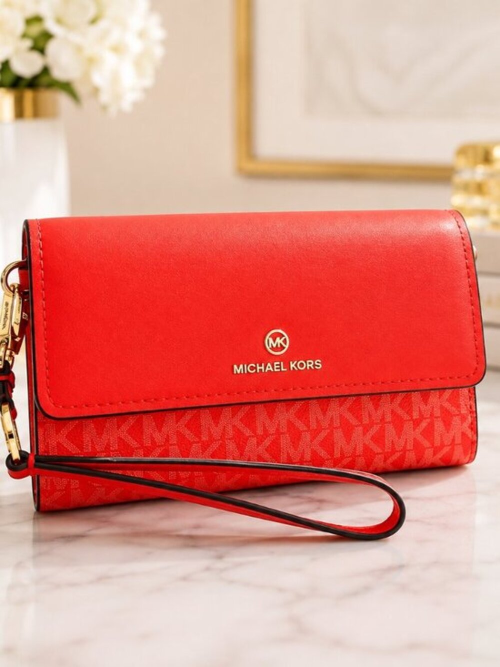 Michael Kors Large Flap Phone Wallet Wristlet Red MK Logo NWT